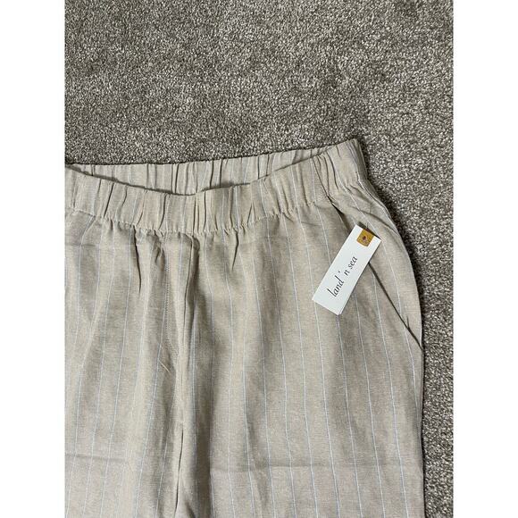 NWT Land'n Sea Linen Coastal Beachy Elastic Waist Pocket Striped Capri Cream L - Picture 2 of 10